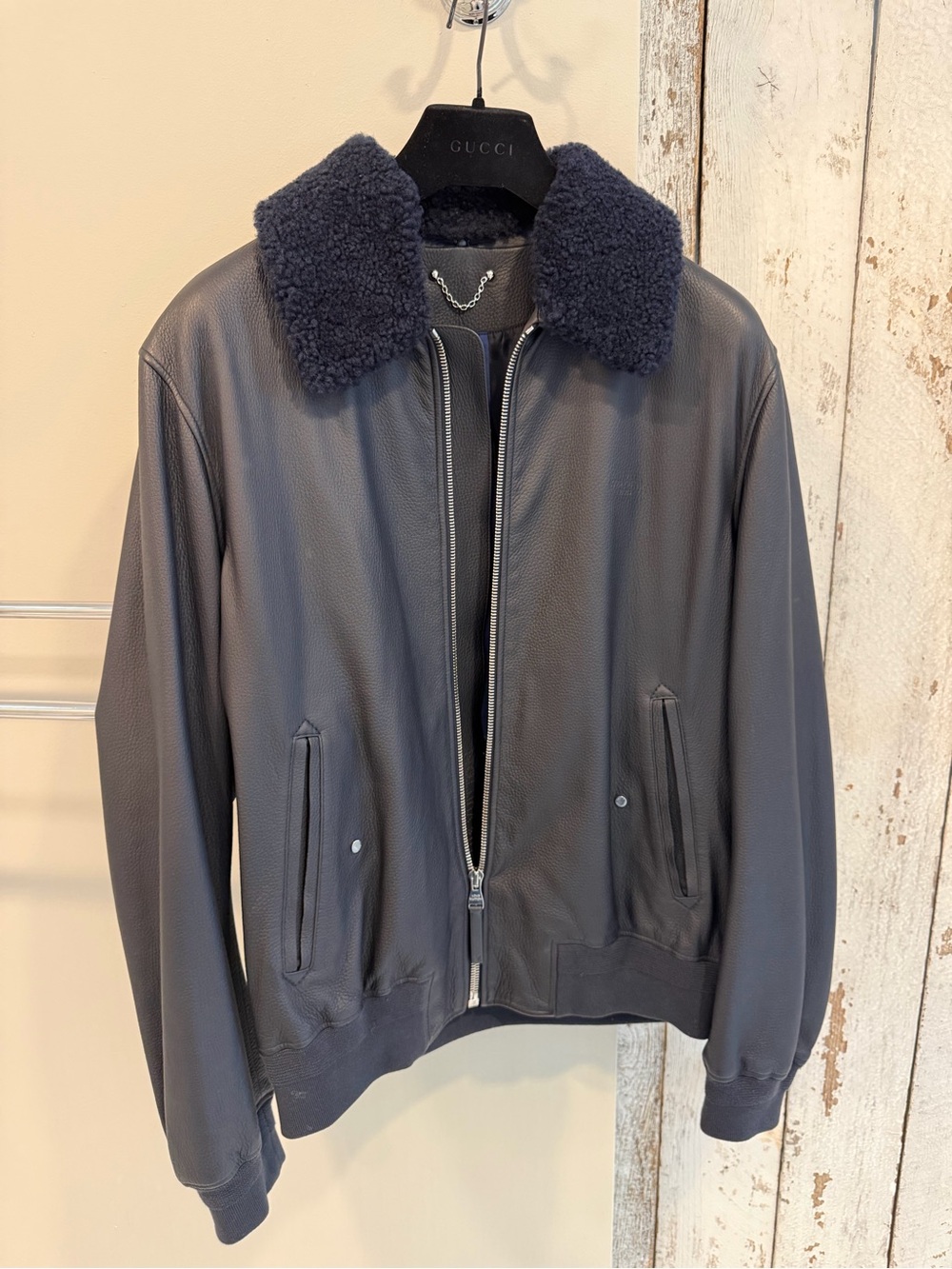 Louis Vuitton Men's Navy Leather Bomber Jacket with Shearling Collar